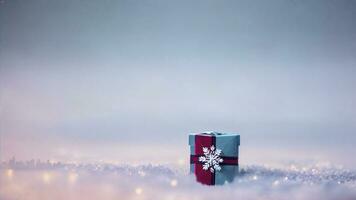 Gift box with snowflake on snow. Generative AI photo
