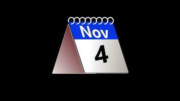 bleu et blanc calendrier Date page animation retournement de novembre 1 à 30. coup dans 4k résolution avec vert écran Contexte , 3d rendre video