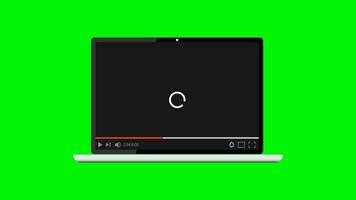 Laptop YouTube video player screen loading footage due to slow internet speed. Loading circle animation on green screen in background. Download data