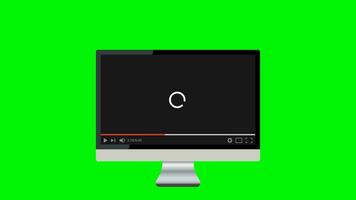 LCD monitor YouTube video player screen loading footage due to slow internet speed. Loading circle animation on green screen in background. Download data