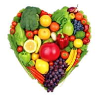 Heart shape made of different fruits and vegetables isolated on transparent background. PNG file, cut out. AI Generated