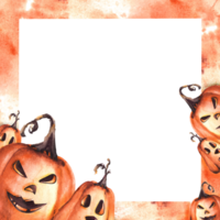 Happy Halloween pumpkin scary face. Square frame with orange watercolor stains. Autumn watercolor illustration hand painting. Halloween celebration cards, flyer, banner png