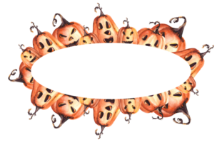 Lycklig halloween pumpa skrämmande ansikte. oval ram, baner med orange vattenfärg fläckar. höst vattenfärg illustration hand målning. halloween firande kort, flygblad, baner png