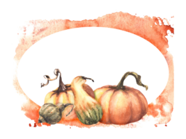 Fall pumpkins oval frame Autumn vegetables harvest watercolor illustration with aquarelle stains Design for halloween, thanksgiving, invitation, prints, flyers, greeting card png