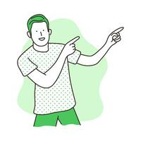 Young Man pointing away hands together and showing or presenting something while standing and smiling. Vector flat illustration