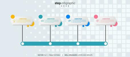 Timeline infographic with infochart. Modern presentation template with 4 spets for business process. Website template on white background for concept modern design. Horizontal layout. vector