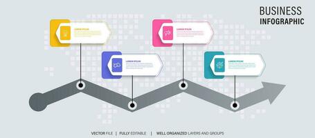 Timeline infographic with infochart. Modern presentation template with 4 spets for business process. Website template on white background for concept modern design. Horizontal layout. vector