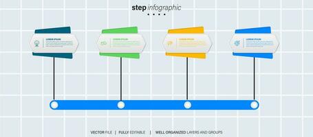 Timeline infographic with infochart. Modern presentation template with 4 spets for business process. Website template on white background for concept modern design. Horizontal layout. vector