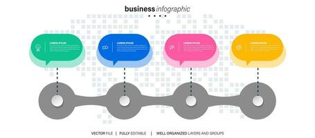 Timeline infographic with infochart. Modern presentation template with 4 spets for business process. Website template on white background for concept modern design. Horizontal layout. vector