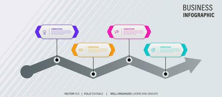 Timeline infographic with infochart. Modern presentation template with 4 spets for business process. Website template on white background for concept modern design. Horizontal layout. vector