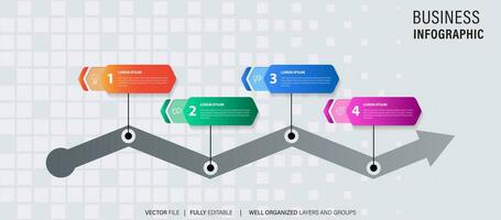 Timeline infographic with infochart. Modern presentation template with 4 spets for business process. Website template on white background for concept modern design. Horizontal layout. vector