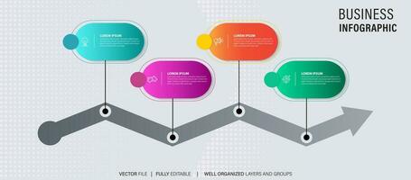 Timeline infographic with infochart. Modern presentation template with 4 spets for business process. Website template on white background for concept modern design. Horizontal layout. vector