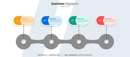Timeline infographic with infochart. Modern presentation template with 4 spets for business process. Website template on white background for concept modern design. Horizontal layout. vector