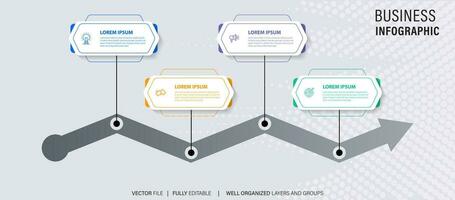 Timeline infographic with infochart. Modern presentation template with 4 spets for business process. Website template on white background for concept modern design. Horizontal layout. vector