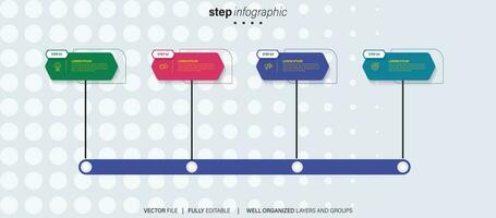 Timeline infographic with infochart. Modern presentation template with 4 spets for business process. Website template on white background for concept modern design. Horizontal layout. vector