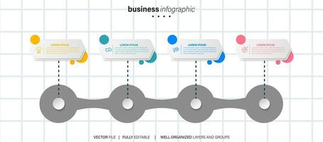 Timeline infographic with infochart. Modern presentation template with 4 spets for business process. Website template on white background for concept modern design. Horizontal layout. vector