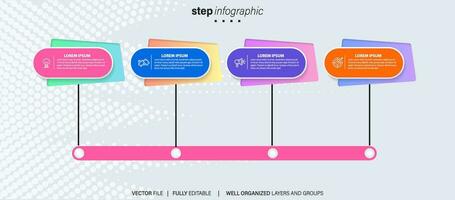 Timeline infographic with infochart. Modern presentation template with 4 spets for business process. Website template on white background for concept modern design. Horizontal layout. vector