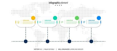 Timeline infographic with infochart. Modern presentation template with 4 spets for business process. Website template on white background for concept modern design. Horizontal layout. vector