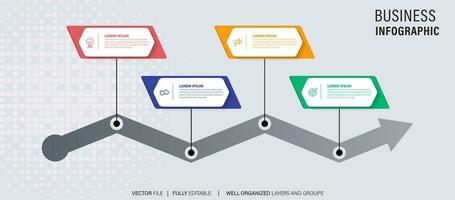 Timeline infographic with infochart. Modern presentation template with 4 spets for business process. Website template on white background for concept modern design. Horizontal layout. vector