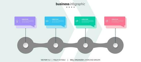 plantilla de infografía empresarial. línea de tiempo con 4 pasos, círculos, opciones e iconos de marketing. elementos infográficos lineales vectoriales. vector