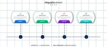 vector infografía modelo con etiqueta, integrado botón. negocio concepto con 4 4 opciones para contenido, diagrama, diagrama de flujo, pasos, partes, cronograma infografía, flujo de trabajo, cuadro.