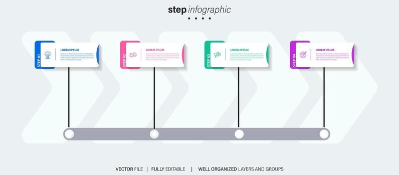 Abstract business rounded infographic template with 4 options. Colorful diagram, timeline and schedule isolated on light background. vector