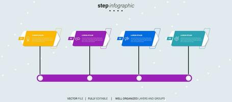 Timeline infographic with infochart. Modern presentation template with 4 spets for business process. Website template on white background for concept modern design. Horizontal layout. vector