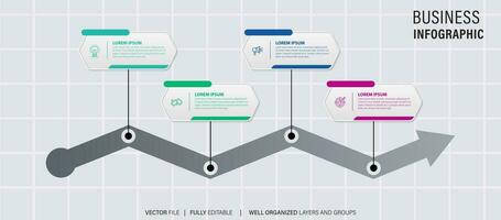 Timeline infographic with infochart. Modern presentation template with 4 spets for business process. Website template on white background for concept modern design. Horizontal layout. vector