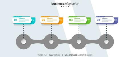 Timeline infographic with infochart. Modern presentation template with 4 spets for business process. Website template on white background for concept modern design. Horizontal layout. vector