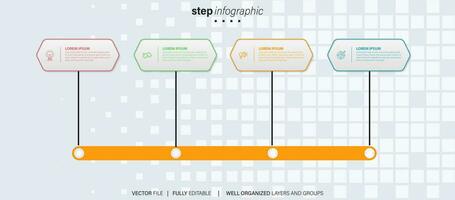 Timeline infographic with infochart. Modern presentation template with 4 spets for business process. Website template on white background for concept modern design. Horizontal layout. vector