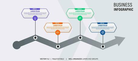 Timeline infographic with infochart. Modern presentation template with 4 spets for business process. Website template on white background for concept modern design. Horizontal layout. vector