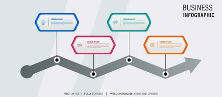 Timeline infographic with infochart. Modern presentation template with 4 spets for business process. Website template on white background for concept modern design. Horizontal layout. vector