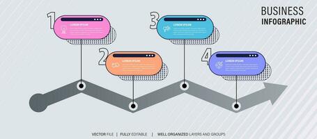 Timeline infographic with infochart. Modern presentation template with 4 spets for business process. Website template on white background for concept modern design. Horizontal layout. vector