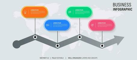 Timeline infographic with infochart. Modern presentation template with 4 spets for business process. Website template on white background for concept modern design. Horizontal layout. vector