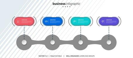 Timeline infographic with infochart. Modern presentation template with 4 spets for business process. Website template on white background for concept modern design. Horizontal layout. vector