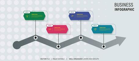 Timeline infographic with infochart. Modern presentation template with 4 spets for business process. Website template on white background for concept modern design. Horizontal layout. vector