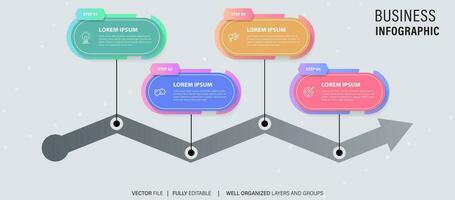 Timeline infographic with infochart. Modern presentation template with 4 spets for business process. Website template on white background for concept modern design. Horizontal layout. vector