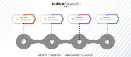 Timeline infographic with infochart. Modern presentation template with 4 spets for business process. Website template on white background for concept modern design. Horizontal layout. vector