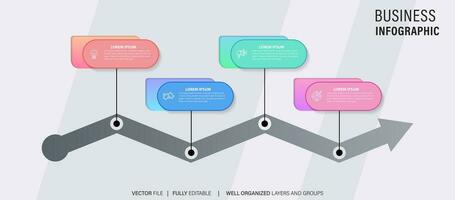 Timeline infographic with infochart. Modern presentation template with 4 spets for business process. Website template on white background for concept modern design. Horizontal layout. vector