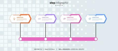 Timeline infographic with infochart. Modern presentation template with 4 spets for business process. Website template on white background for concept modern design. Horizontal layout. vector