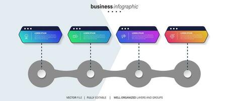 Timeline infographic with infochart. Modern presentation template with 4 spets for business process. Website template on white background for concept modern design. Horizontal layout. vector