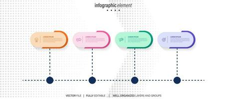 Timeline infographic with infochart. Modern presentation template with 4 spets for business process. Website template on white background for concept modern design. Horizontal layout. vector