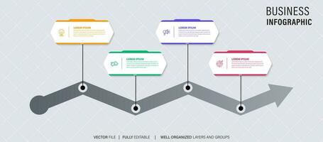 Timeline infographic with infochart. Modern presentation template with 4 spets for business process. Website template on white background for concept modern design. Horizontal layout. vector