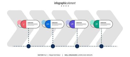 Timeline infographic with infochart. Modern presentation template with 4 spets for business process. Website template on white background for concept modern design. Horizontal layout. vector