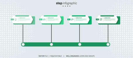 Timeline infographic with infochart. Modern presentation template with 4 spets for business process. Website template on white background for concept modern design. Horizontal layout. vector