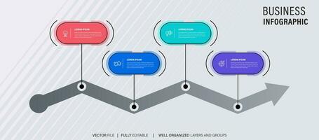 Timeline infographic with infochart. Modern presentation template with 4 spets for business process. Website template on white background for concept modern design. Horizontal layout. vector