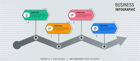 Timeline infographic with infochart. Modern presentation template with 4 spets for business process. Website template on white background for concept modern design. Horizontal layout. vector