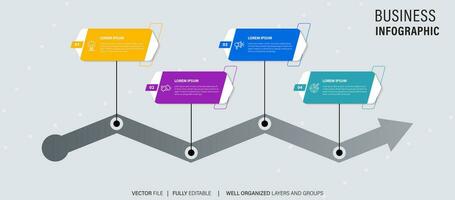 Timeline infographic with infochart. Modern presentation template with 4 spets for business process. Website template on white background for concept modern design. Horizontal layout. vector