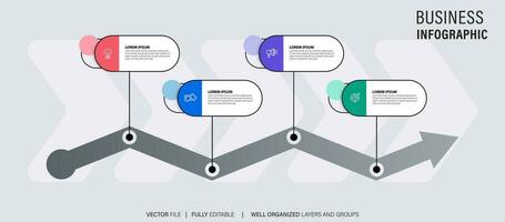 Timeline infographic with infochart. Modern presentation template with 4 spets for business process. Website template on white background for concept modern design. Horizontal layout. vector