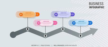 Timeline infographic with infochart. Modern presentation template with 4 spets for business process. Website template on white background for concept modern design. Horizontal layout. vector